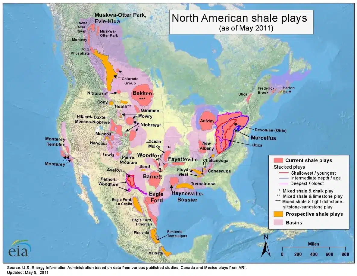 Map of North American shale plays as of May 2011, showing the location and type of each play.